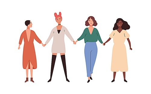 Four happy diverse young woman smiling holding hands vector flat illustration. Group of girl union of feminists standing together isolated on white . Female friendship and sisterhood.