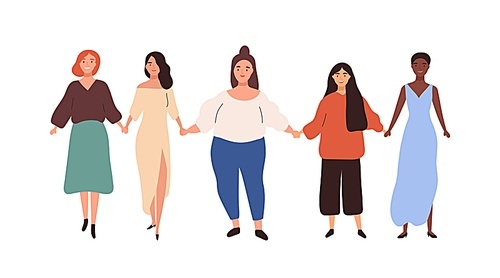 Group of diverse different heigh and weigh woman holding hand vector flat illustration. Happy girl union of feminists standing together isolated on white. Colorful female friend enjoying sisterhood.