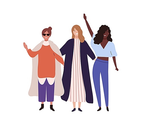 Three stylish happy girl raising hands vector flat illustration. Group of fashionable female friends smiling isolated on white . Trendy woman standing together having fun.