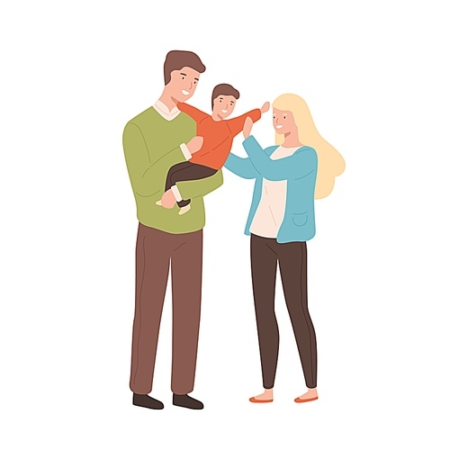 Happy cartoon family mother, father and kid vector flat illustration. Smiling young parents holding little son isolated on white . Joyful man and woman enjoy parenthood.