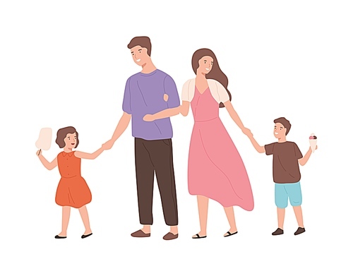 Happy cartoon family walking enjoying weekend isolated on white. Smiling mother, father, daughter and son holding hands vector flat illustration. Young joyful people spending time together.