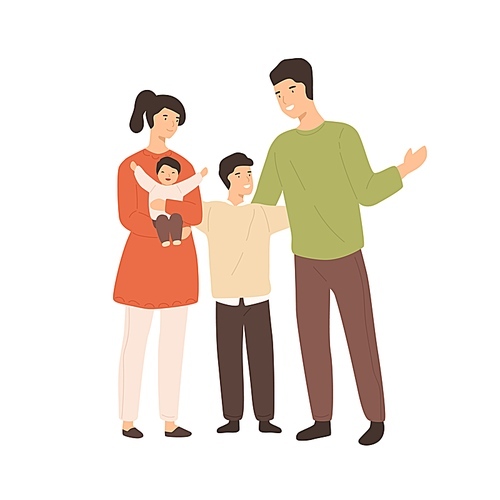 Smiling cartoon family with two cute children isolated on white . Happy couple enjoying parenthood having positive emotion vector flat illustration. Playful child hug mother and father.
