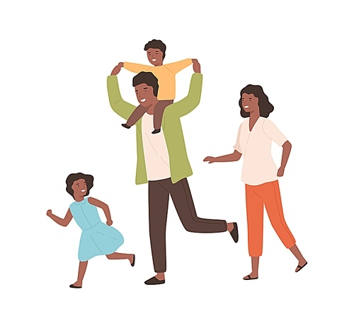 Smiling family playing having fun together vector flat illustration. Happy parents and children running have positive emotion isolated on white. Black skin cartoon people rejoicing.