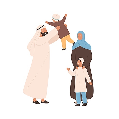 Happy traditional arabic family vector flat illustration. Joyful muslim parents playing with little kid isolated on white. Saudi young people in hijab outfit spending time together feeling love.