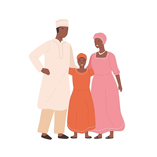 Traditional african family in national clothing vector flat illustration. Mother, father and daughter posing in ethnic clothes isolated on white. Cartoon parents and child smiling together.