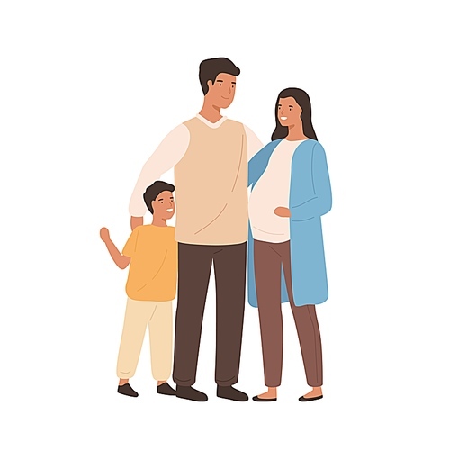 Positive young family mother, father and son vector flat illustration. Smiling pregnant woman hugging husband and little boy isolated on white. Happy cartoon people standing together.