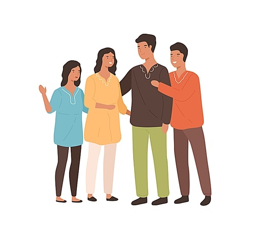 Happy indian family in national colored clothing vector flat illustration. Smiling parents and children in traditional clothes isolated on white. Cartoon people hugging together.