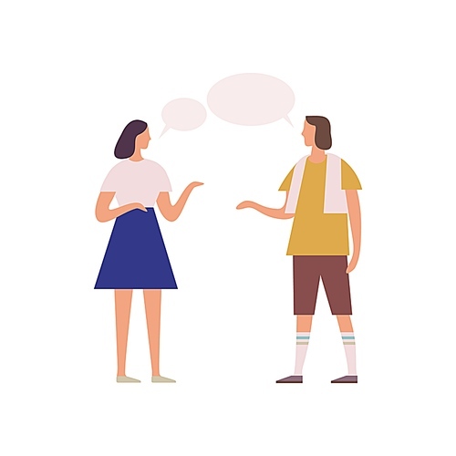 Two female friends gossiping with speech bubbles vector flat illustration. Cartoon woman talking each other and gesticulating isolated on white . People enjoying conversation.