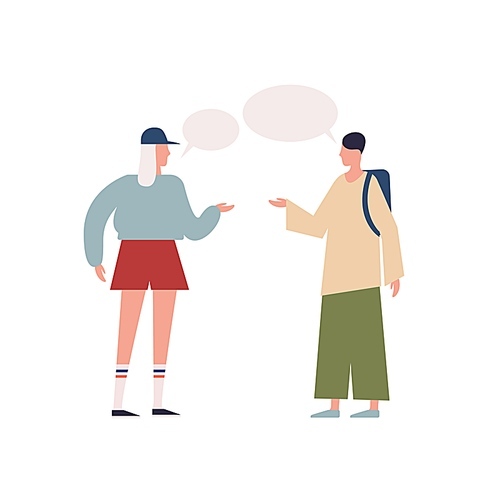 Teenage female and hipster male backpacker talking with speech bubbles vector flat illustration. Cartoon characters discussing together isolated on white. People enjoying communication.
