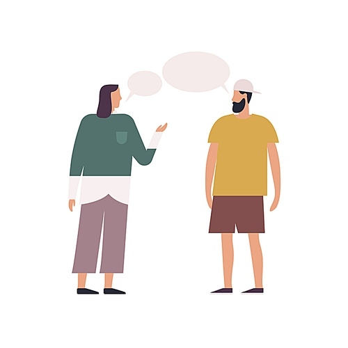 Stylish woman and hipster bearded guy talking each other with speech bubbles isolated on white. Cartoon people having conversation vector flat illustration. Male and female discussing together.