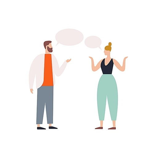 Bearded male talking to female with speech bubbles vector flat illustration. Angry couple discussing each other isolated on white . Irritating woman and man having conversation.