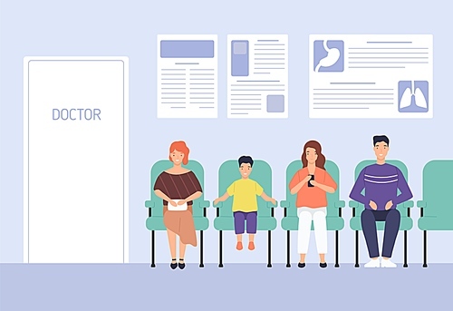 Smiling cartoon people sitting on chairs waiting doctor appointment at hospital vector flat illustration. Man, woman and child at modern clinic. Colorful visitors at physician office.