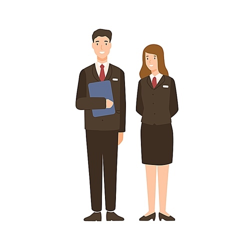 Smiling cartoon man and woman hotel staff isolated on white. Happy friendly people character in uniform vector flat illustration. Positive male and female operating personnel employee.