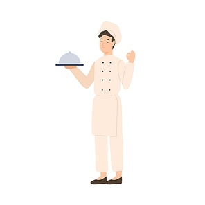 Professional male chef holding serving plate vector flat illustration. Happy kitchener in white uniform enjoying tasty food isolated on white. Funny cartoon cook staff holding fresh dish.