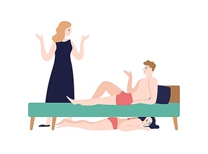 Amazed woman incriminate husband in underwear at bedroom with mistress isolated on white. Womanizer man lying on bed over hiding girlfriend vector flat illustration. Love triangle concept.