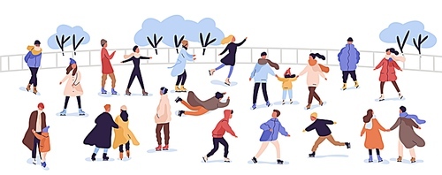 Crowd of active cartoon people ice skating on rink vector flat illustration. Man, woman, children, family and couple outdoors activity isolated on white. Colorful person in seasonal outerwear.