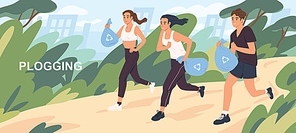 Active cartoon people picking up litter during plogging vector flat illustration. Man and woman character run at natural park cleaning environment. Healthy lifestyle and ecology protection concept.