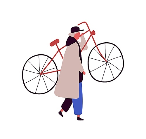Cartoon man in cap and cloak raising up bike isolated on white . Colored male character carry bicycle vector flat illustration. Person carrying vehicle.
