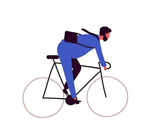Active bearded businessman riding on bike isolated on white . Cartoon business male hurry at work on bicycle vector flat illustration. Man using pedal transport enjoy healthy lifestyle.