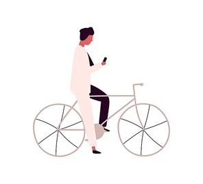 Focused man using smartphone sitting on bicycle vector flat illustration. Busy male in black and white suit holding mobile riding on bike isolated on white. Active person ride on pedal transport.