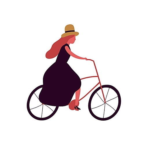 Elegant lady in hat and dress ride on bicycle vector flat illustration. Feminine cartoon character cyclist isolated on white . Colored fashionable girl enjoying outdoor cycling.