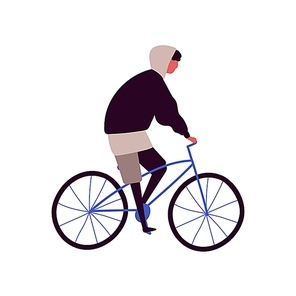 Cartoon hipster male riding city bicycle vector flat illustration. Active teenager man on retro bike isolated on white background. Young colorful guy bicyclist enjoy sports exercise.