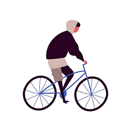 Cartoon hipster male riding city bicycle vector flat illustration. Active teenager man on retro bike isolated on white . Young colorful guy bicyclist enjoy sports exercise.