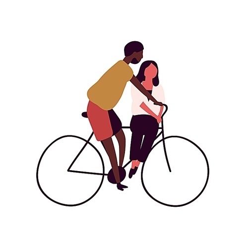 Happy couple riding on bike together isolated on white . Cartoon man and woman on bicycle vector flat illustration. Diverse people cyclist ride on pedal vehicle.