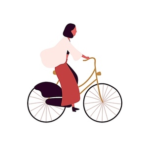 Trendy woman cyclist vector flat illustration. Cartoon stylish girl riding on bike outdoor isolated on white background. Young happy female enjoying sports activity and healthy lifestyle.