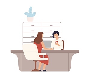 Friendly female bank worker providing services to customer vector flat illustration. Woman client sitting and talking to manager at credit department. Cartoon people at payment office.