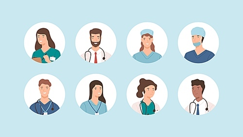 Smiling medical staff avatar isolated. Hospital icons surgeons, nurses and other medicine practitioners vector set. Different cartoon doctor face in uniform. People health care occupation.