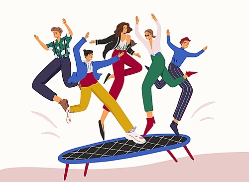 Smiling cartoon people jumping on trampoline flat vector illustration. Colorful man and woman rejoicing together having fun isolated on white. Concept of positive experience, teamwork and friendship.