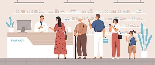 Smiling cartoon pharmacist and clients in counter at pharmacy vector flat illustration. Different positive people standing in queue at drugstore. Colored customers characters buying medicines.