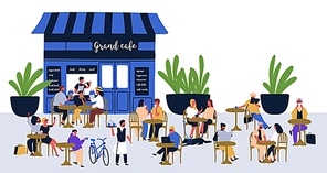 Diverse people visitors sitting at street cafe vector flat illustration. Relaxed cartoon characters at outdoor cafeteria isolated on white. Summer colorful restaurant with men, women and children.