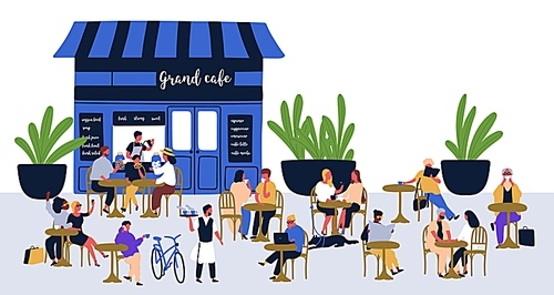 Diverse people visitors sitting at street cafe vector flat illustration. Relaxed cartoon characters at outdoor cafeteria isolated on white. Summer colorful restaurant with men, women and children.
