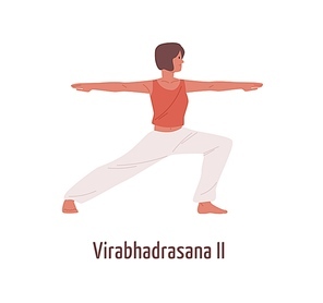 Active cartoon woman practicing virabhadrasana II position isolated on white. Yogi female exercising Hatha yoga Warrior Pose vector flat illustration. Girl performing gymnastics fitness workout.
