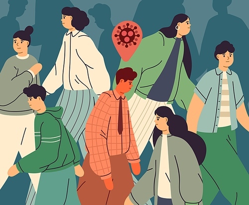 Infected person among healthy people. Crowd of men and women in the city during virus epidemic outbreak. Coronavirus pandemic. Disease transmission. Vector illustration in flat cartoon style.
