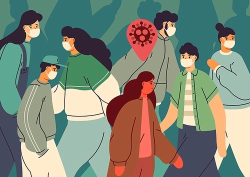 Virus transmission. Infected person among healthy people. Crowd of men and women in face masks. Coronavirus epidemic protection. Disease contamination concept. Vector illustration flat cartoon style
