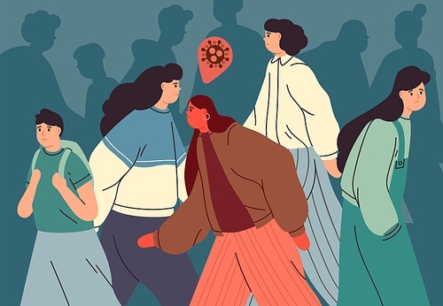 Virus contamination concept. Infected person walking among healthy people. Crowd of teenagers during epidemic outbreak. Coronavirus pandemic. Infection transmission. Vector illustration in flat style.