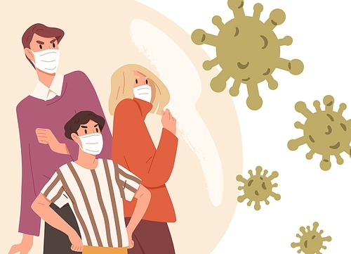 Family wearing face masks. Man, woman and child fight with respiratory disease outbreak. Virus preventive measures. Coronavirus epidemic, pandemic protection. Vector illustration in flat cartoon style