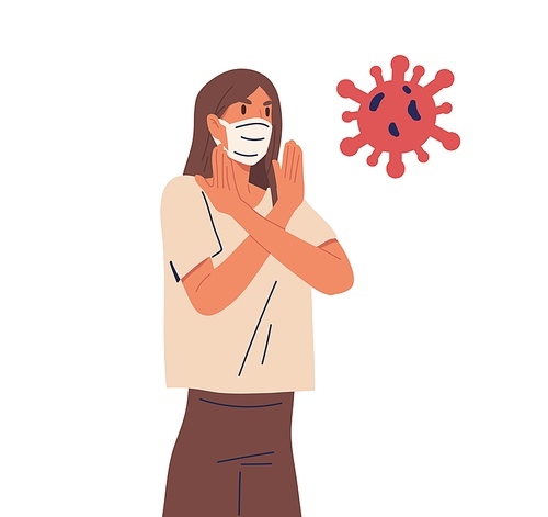 Young woman in face mask. Female character fight with virus bacteria. Girl using epidemic preventive measures. Coronavirus pandemic protection. Colorful vector illustration in flat cartoon style.