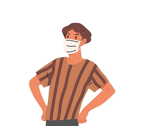 Young guy in face mask isolated on white . Teen using virus preventive measures. Boy fight with epidemic disease. Coronavirus pandemic. Vector illusration in flat cartoon style.