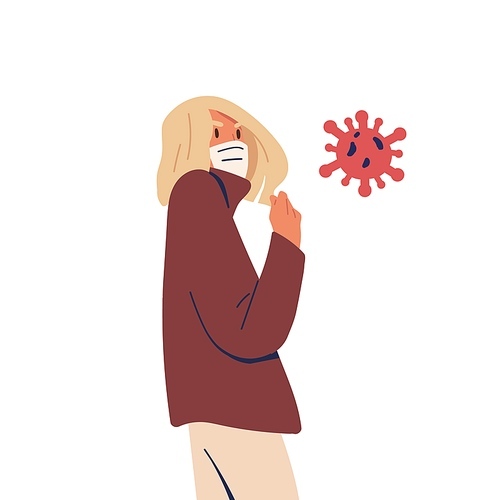 Woman in medical mask standing near virus bacteria isolated on white. Girl fight with disease. Epidemic preventive measures. Coronavirus pandemic protection. Vector illustration in flat cartoon style.