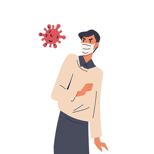 Angry man in medical mask near the virus bacteria isolated on white . Person protection from epidemic disease. Coronavirus pandemic prevention. Vector illustration in flat cartoon style.