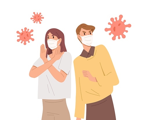 People in face masks fight with virus. Epidemic disease outbreak prevention. Coronavirus pandemic protection. Man and woman near giant bacterias. Vector illustration in flat cartoon style.