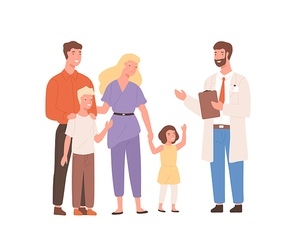 Smiling cartoon family visit therapist isolated on white . Positive mother, father and two children meeting with medical adviser vector flat illustration. Colorful people at doctor office.