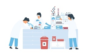 Group of scientists in white coat working in science lab vector flat illustration. Man and woman researchers conducting experiments in chemical laboratory isolated on white. Scientific research.