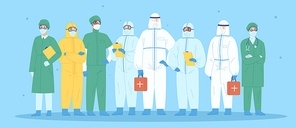 Group of medical workers in personal protective equipment. Physicians, nurses, paramedics, surgeons in workwear. Hospital team standing together wearing uniform or protection suit. Vector illustration