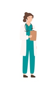Smiling female hospital medical staff standing isolated on white . Cartoon woman doctor in uniform holding folder tablet vector flat illustration. Professional medicine worker.