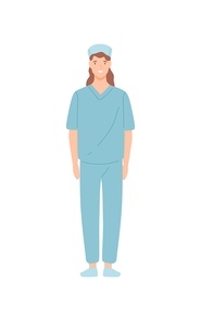 Smiling female nurse clinic employee standing isolated on white . Happy cartoon woman doctor physician posing vector flat illustration. Medical staff in uniform.